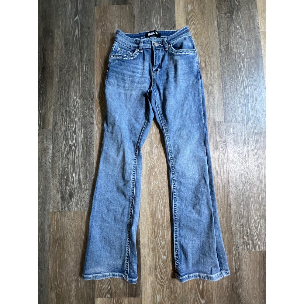 SKY Bootcut Jeans Women 3/4 Blue Skull Wing Embroidered Rhinestone Y2K Denim